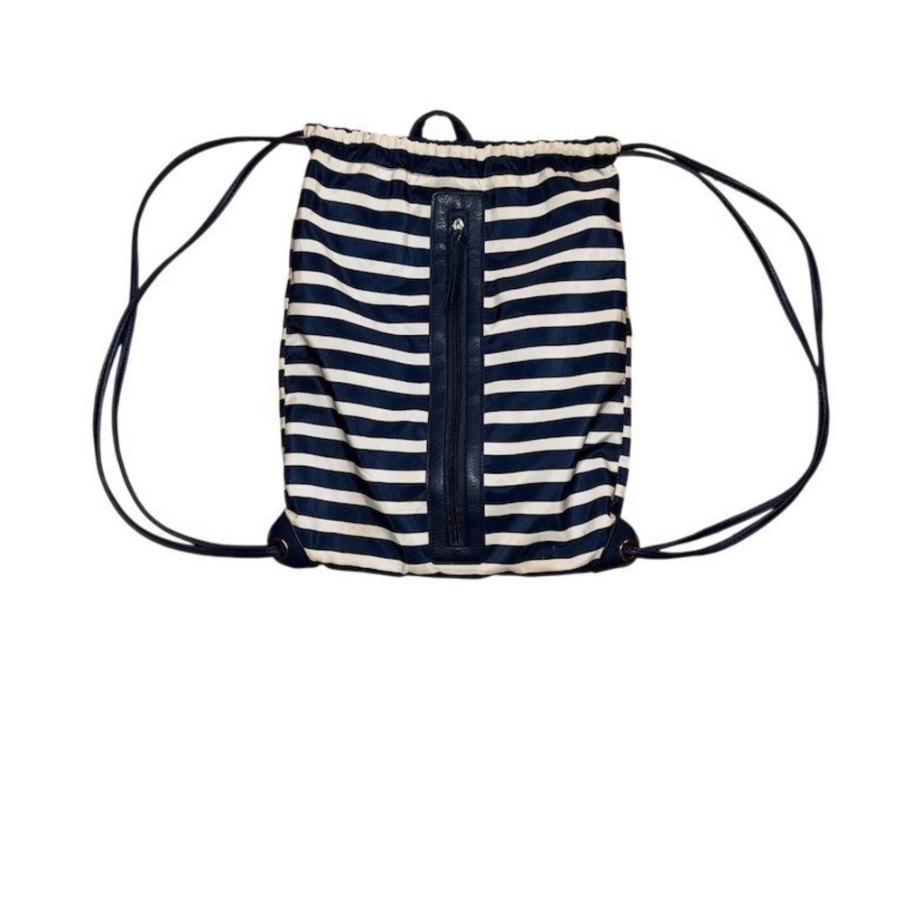 Drawstring Backpack Navy White Striped Front Zip Pocket Gym Sack nautical beach